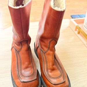 Women's Brown Leather Faux Fur Lined Mid-Calf Slip-On Boots EU 36.5